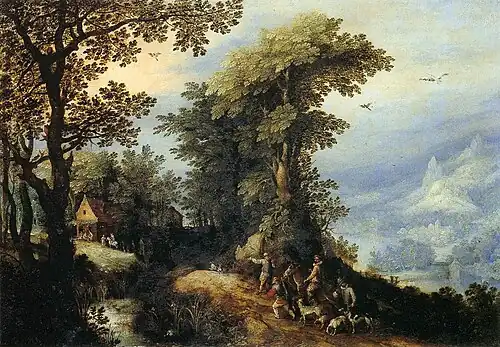 Jan Brueghel, Landschap met jagers, 1594-95