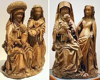 Twee beeldengroepen in het Bonnefantenmuseum, beide van Jan van Steffeswert. Links de ongesigneerde versie uit 1500; rechts de gesigneerde uit 151[1?]. Het rechter beeld is in werkelijkheid bijna tweemaal zo groot als het linker