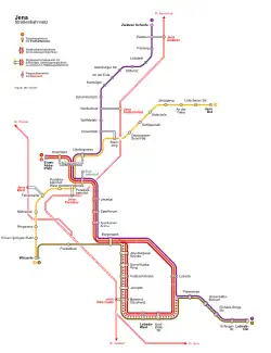 Lijnennetkaart tram te Jena. De dunne rode dubbele strepen zijn spoorlijnen.