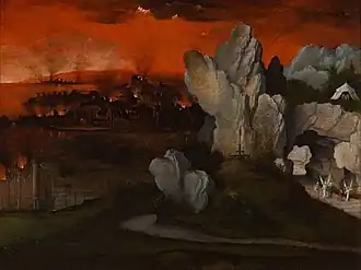 Landschap met de brand van Sodom en Gomorra (± 1520) van Joachim Patinir