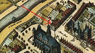 Johannietershuis in 1649, onderin de Grote of Martinikerk.