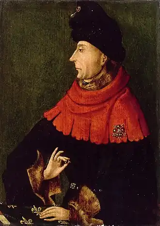 Portret van Jan zonder Vrees (school van Jan Maelwael, ca. 1404-1405, Louvre).