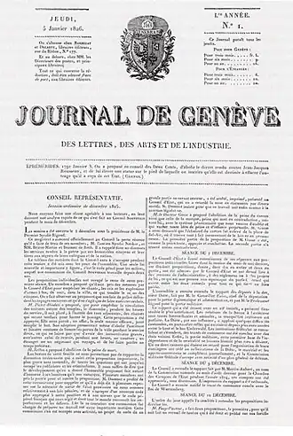 Eerste uitgave van de nieuwe Journal de Genève in 1826.