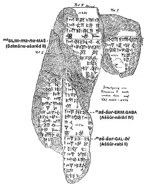 Schroeders lijntekening van de KAV 21 eponiemenlijst met daarop de zes jaar van Aššur-nērārī IV en zijn voorganger en opvolger.Eponym List KAV 21, tablet VAT 11254, iv.