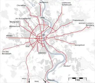 Netwerkkaart van de Stadtbahn van Keulen