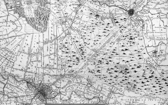 De Amersfoortseweg loopt sinds 1652 kaarsrecht over de heide tussen Amersfoort en Utrecht. Uitsnede uit Provinciekaart van Bernard de Roij uit 1696