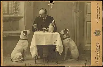 Studioportret (foto) van de architect Karel Muller met twee honden, ongedateerd