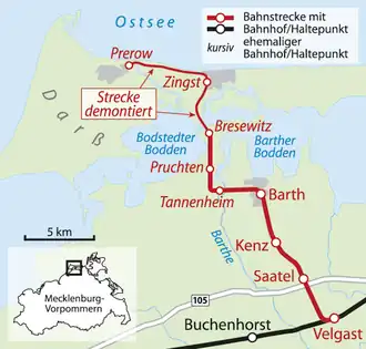 Spoorlijn Velgast - Prerow op de kaart