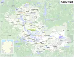 Ligging van Lübben in het Spreewald, iets links boven het midden