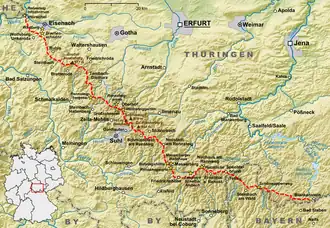 De route van de Rennsteig, Neustadt a. Rstg. ongeveer in het midden