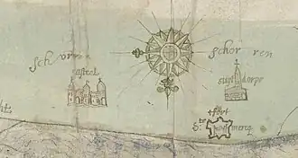 Het kasteel (links) en het dorp (rechts) op een kaart uit 1617. Het noorden ligt beneden.