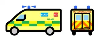 Ambulances in de DGH:(1) gele basiskleur(2) groen-geel battenburgpatroon op de zijkanten(3) naam en eventueel logo van de dienst op de zijkanten(4) logo van het noodnummer 112 op de zijkanten(5) oranje-geel visgraatpatroon op de achterkant(6) aanduiding "112 AMBULANCE" op voor- en achterkant(7) uniek vijfcijferig identificatienummer op de achterkant(8) prioritaire signalen (blauwe knipperlichten en sirene)