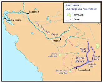 Kaartje van de Kern en het stroomgebied van de San Joaquin River.
