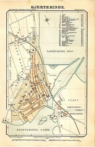 Kerteminde in 1899, met de loop van de in aanbouw zijnde spoorlijn