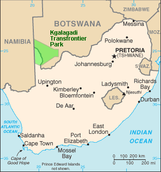 Locatie van het park in Zuidelijk Afrika