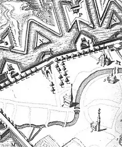Binnen de stadsmuren in 1622 (6). Met gasthuis (4).