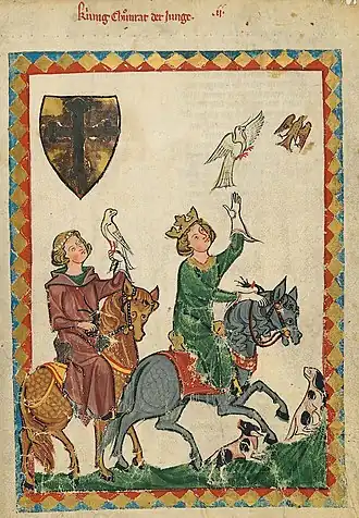 Koning Konradijn en Frederik (links) op jacht(ca.1300), Codex Manesse, Universitätsbibliothek Heidelberg