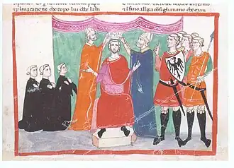 De kroning van Manfred van Sicilië(13e eeuw), miniatuur uit Nuova Chronica, Vaticaanse Bibliotheek