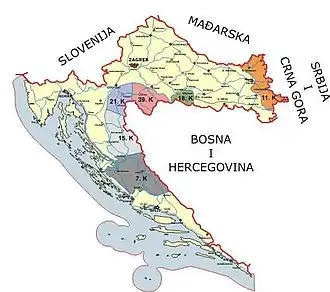 De verdeling van het Kroatische grondgebied anno 1995.