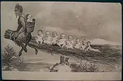Krampus neemt de kinderen mee op een berkenstaf, 1900
