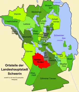 De stadsdelen van Schwerin. Krebsförden is rood gemarkeerd.