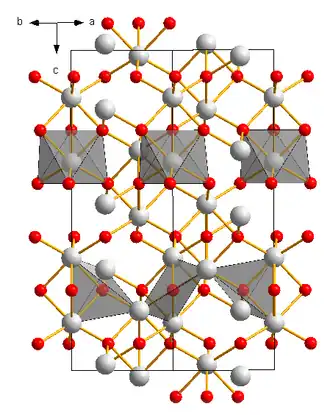 Kristalstructuur van chroom(III)oxide  __ Cr3+ &nbsp;&nbsp;&nbsp;&nbsp;&nbsp;__ O2−