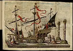 Het hoogtepunt van de begrafenisprocessie voor Karel V op 24 en 25 december 1558  was dit allegorische triomfschip Victoria. Hans Vredeman de Vries was hier de ontwerper van. Het hele plateau met het schip werd " onzichtbaar" voortgetrokken. Achter  het schip de twee zuilen van Hercules. De bemanning van het schip bestond  uit Hoop op de voorplecht, Geloof midscheeps en Liefde op de campagne. Deze illustratie maakte deel uit van het album en een rol van 12 meter, in 1559 gedrukt door Plantijn