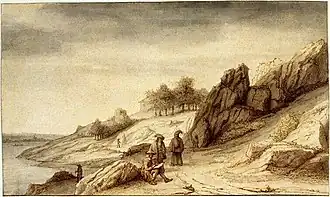 Willem Schellinks is aan het schetsen, afgebeeld op een aquarel van Lambert Doomer.