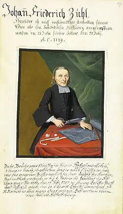 Een broeder aan het werk als kleermaker, 1749. De stof is afgetekend, een driehoekig krijtje ligt ernaast.