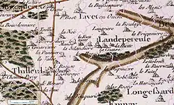 Tilleul-en-Ouche op de Cassinikaart (18de eeuw); latere gemeentegrenzen in roze