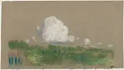 Landscape with Clouds, pastel en zwart krijt op groengrijs velijnpapier (15,6 x 26,8 cm)