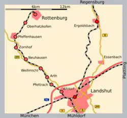 Kaart opgeheven spoorlijn Landshut - Rottenburg an der Laaber