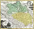 18e-eeuwse kaart: boven, in groen, de Neder-Lausitz, met middenin Cottbus in een witte, Pruisische enclave; onder, in geel, de Opper-Lausitz.