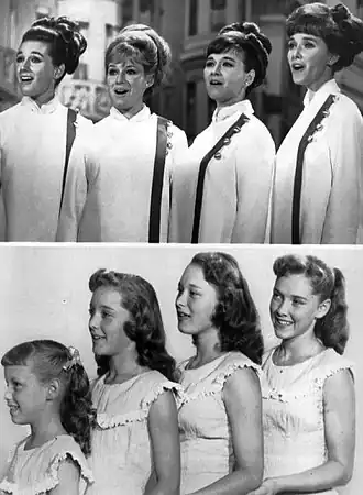De Lennon Sisters in 1969 en 1955.1969, v.l.n.r.: Kathy, Janet, Peggy en Dianne.1955, v.l.n.r.: Janet, Kathy, Peggy, en Dianne.