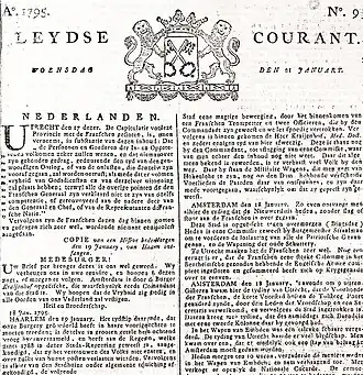Leydse Courant no 9 van 1795, detail voorpagina met berichtgeving over de capitulatie aan de Fransen. Vanaf het volgende nummer (10, 1795) zal de republikeinse leus  Vryheid, Gelykheid, Broederschap boven de banner gedrukt worden.