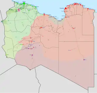 alt=
■&nbsp;In handen van de Tripoli-regering (GNA) en de Libya Shield Force
■&nbsp;In handen van de Tobruk-regering (HOR) en het Libyan National Army (LNA)
■&nbsp;In handen van lokale troepen