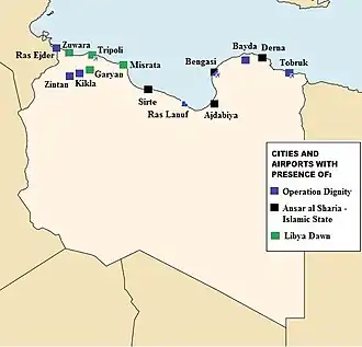 De aanwezigheid van de verschillende partijen van de Tweede Libische Burgeroorlog in de steden in december 2014.