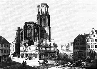 De beschadigde kerk kort voor de afbraak (circa 1800)