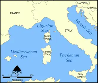 Ligurische Zee (aangeduid als Ligurian Sea)