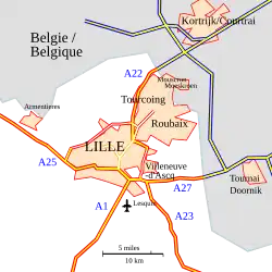 Ligging van Roubaix in de Europese metropool van Rijsel