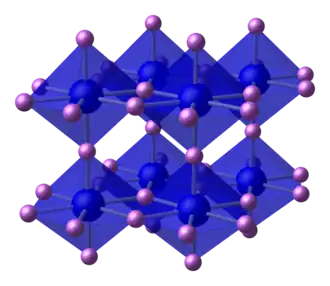 alt=Eenheidscel van 
  
    
      
        
          
            Li
            
              3
            
            
              
            
          
          N
        
      
    
    {\displaystyle {\ce {Li3N}}}
  
, ball and stick model
