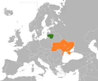 De locatie van Oekraïne en Litouwen in Europa