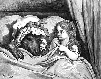 De boze wolf en Roodkapje in bed. Prent van Gustave Doré