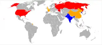 De landen met kernwapens: ■&nbsp;Grote kernmacht ■&nbsp;Middelmatige kernmacht ■&nbsp;Kleine kernmacht ■&nbsp;Veronderstelde kernmacht