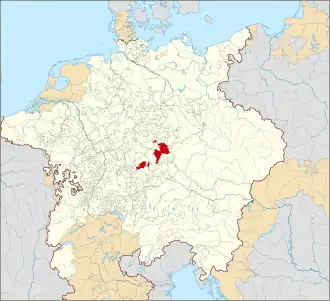 Locatie van het vorstendom Bayreuth binnen het Heilige Roomse Rijk in 1618.