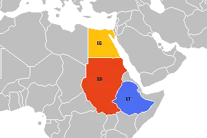 Egypte (geel), Soedan (rood) en Ethiopië (blauw).