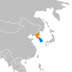 Noord-Korea (oranje) en Zuid-Korea (blauw).
