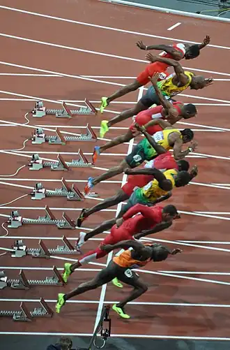 Start van de finale 100 m op de OS in 2012, Londen