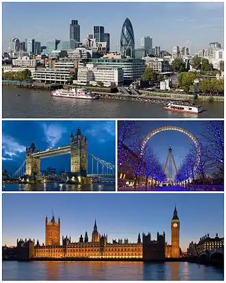Een collage van Londen

Boven: Skyline van City of London, Midden links: Tower Bridge, Midden rechts: London Eye, Onder: Palace of Westminster.