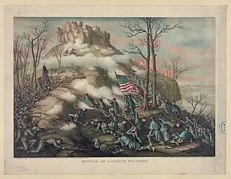 Slag bij Lookout Mountain, naar een lithografie van Kurz and Allison, 1889.